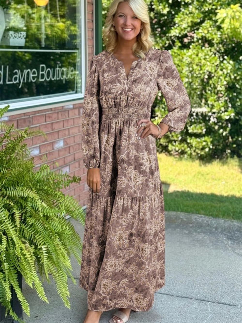 Smocked Waist Brown Floral Maxi Dress with V-Neck